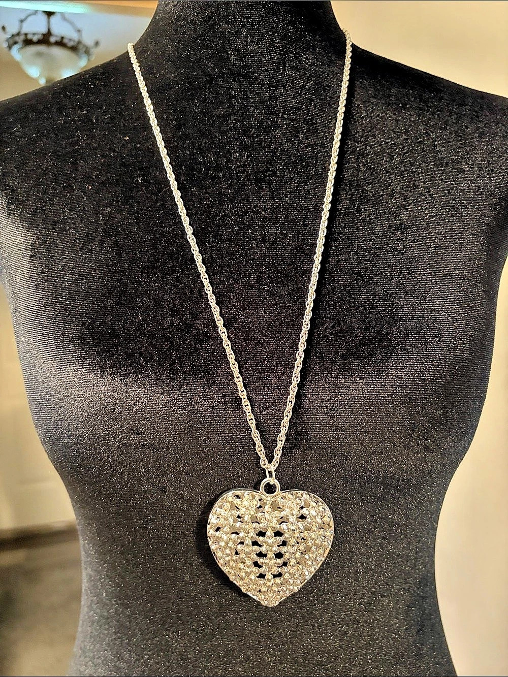 Silver Heart Pendant Necklace Featuring clear rhinestones or crystals design.